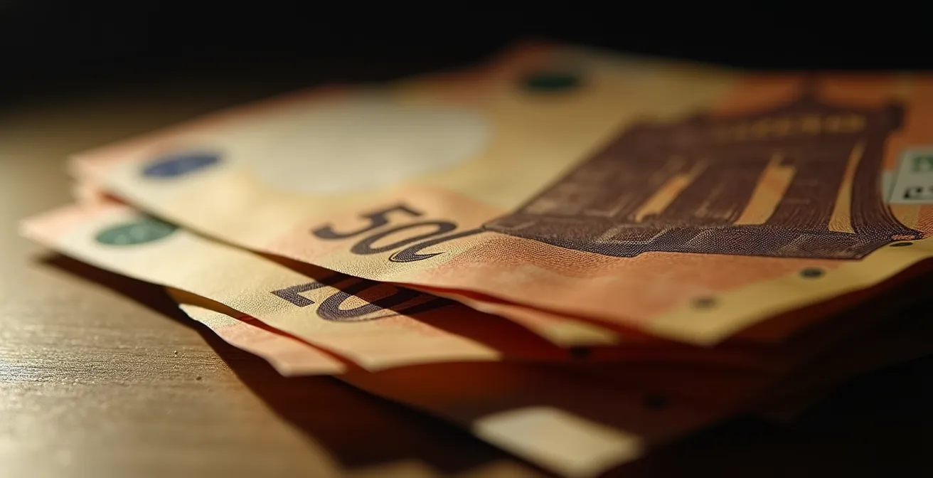 Piles de billets euros en dégradé avec éclairage cinématographique