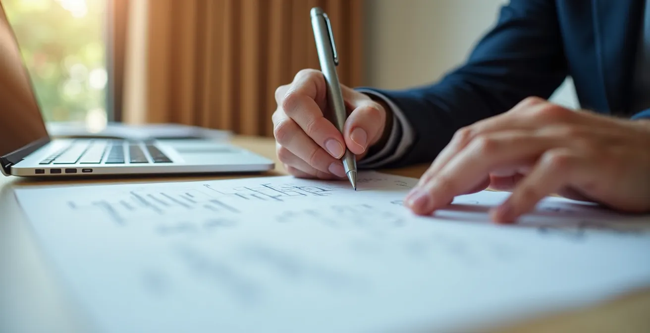 Mains d'un consultant faisant des calculs sur papier dans un bureau moderne