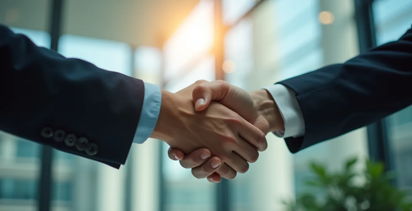 Poignée de main entre deux professionnels dans un environnement d'affaires moderne