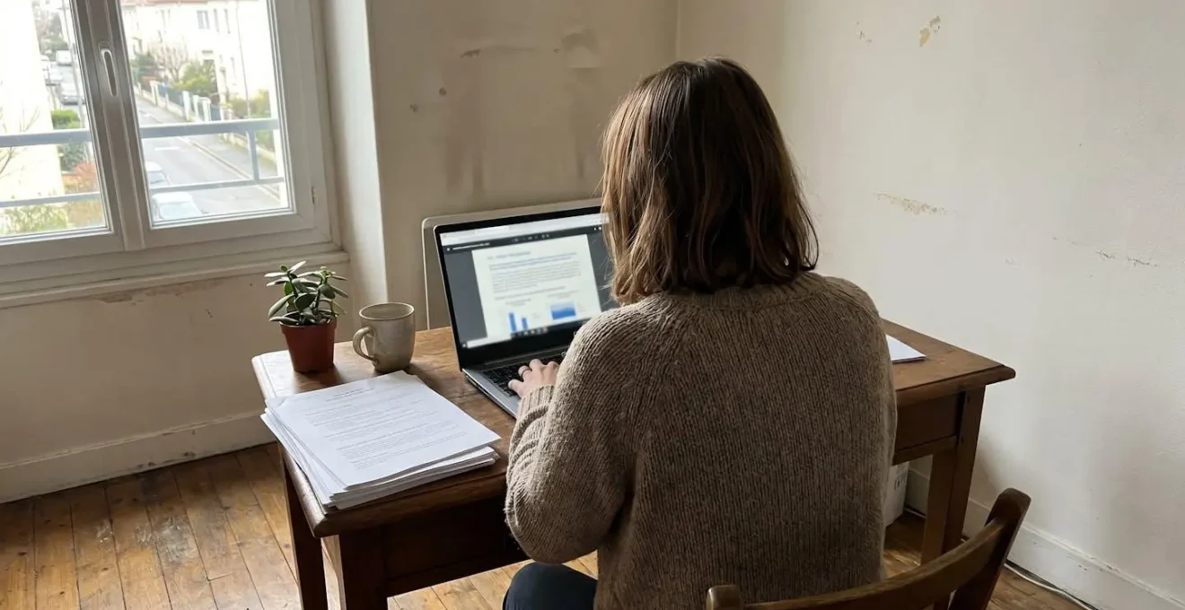 Entrepreneur consultant des documents juridiques sur un ordinateur dans un bureau contemporain