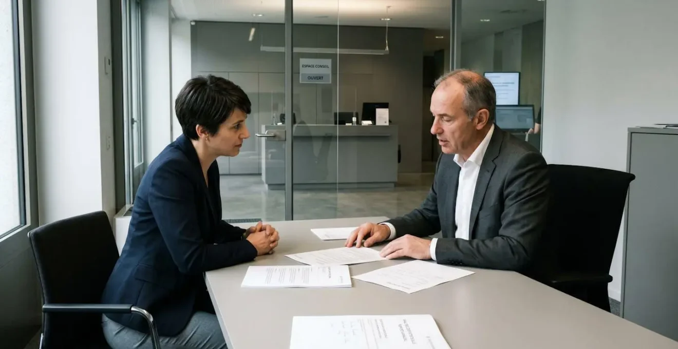 Conseiller bancaire et entrepreneur en discussion dans un bureau d'agence moderne avec documents financiers