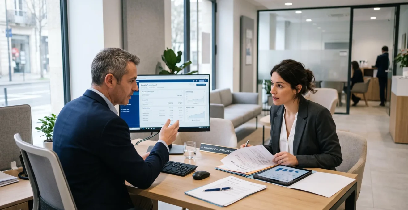 Conseiller bancaire professionnel en rendez-vous avec un entrepreneur dans une agence bancaire française moderne