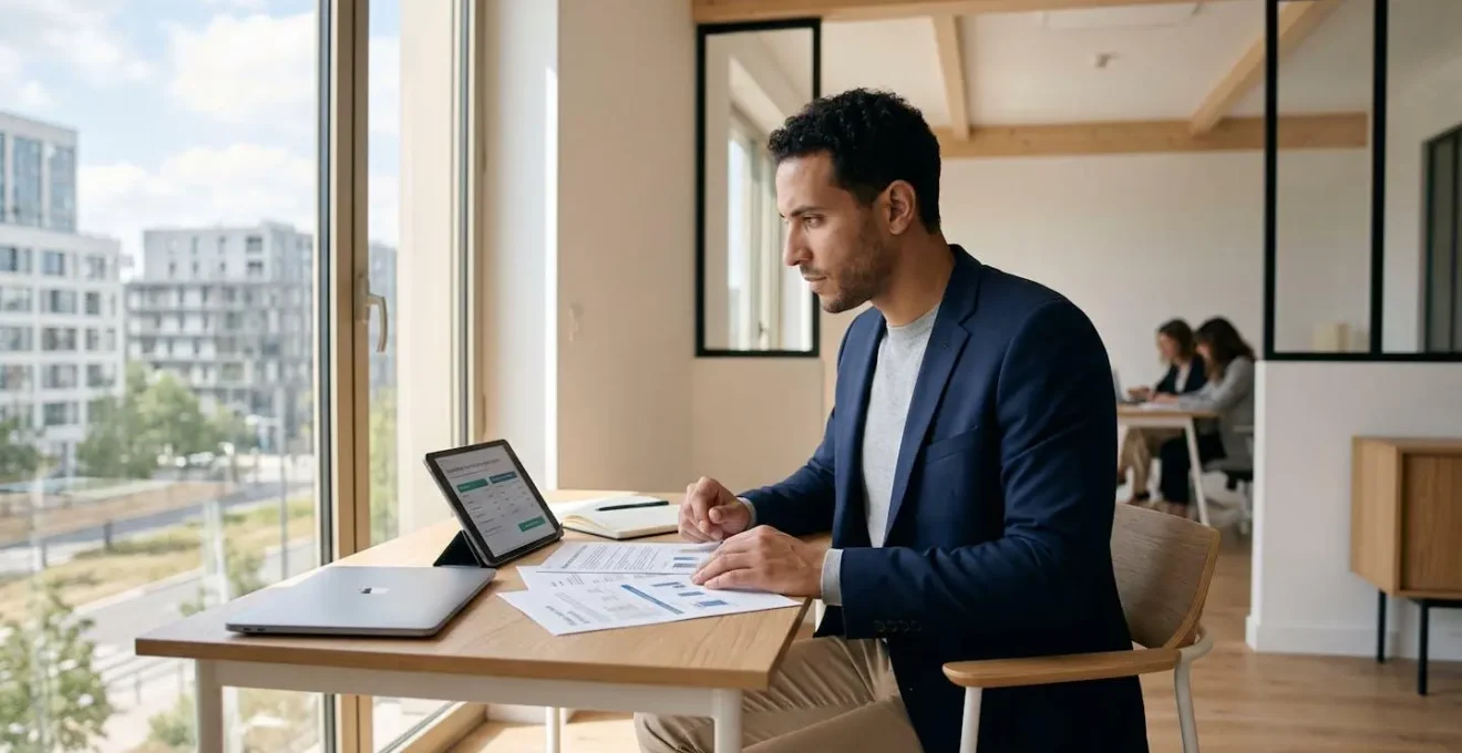 Entrepreneur français analysant des offres de comptes bancaires professionnels sur tablette et documents dans un bureau moderne lumineux