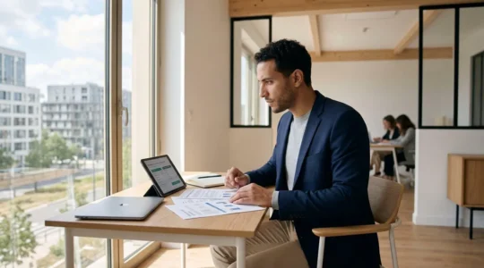 Entrepreneur français analysant des offres de comptes bancaires professionnels sur tablette et documents dans un bureau moderne lumineux