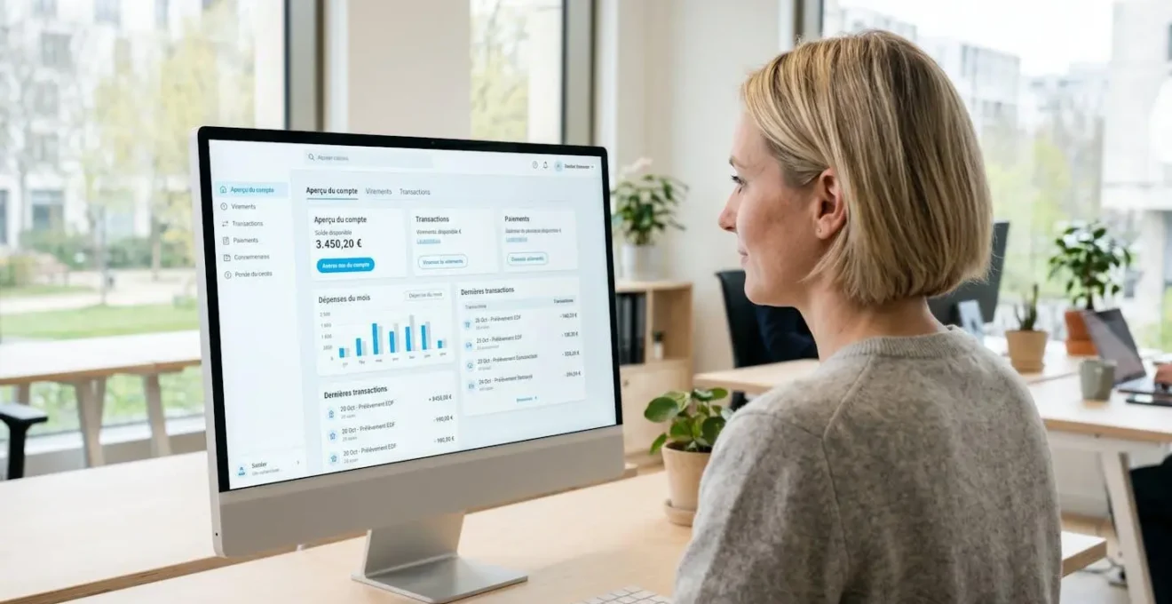 Interface bancaire professionnelle moderne affichée sur un écran d'ordinateur avec tableau de bord de gestion de comptes
